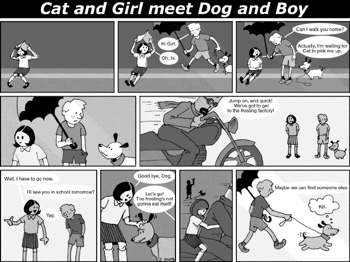 Cat and Girl meet Dog and Boy