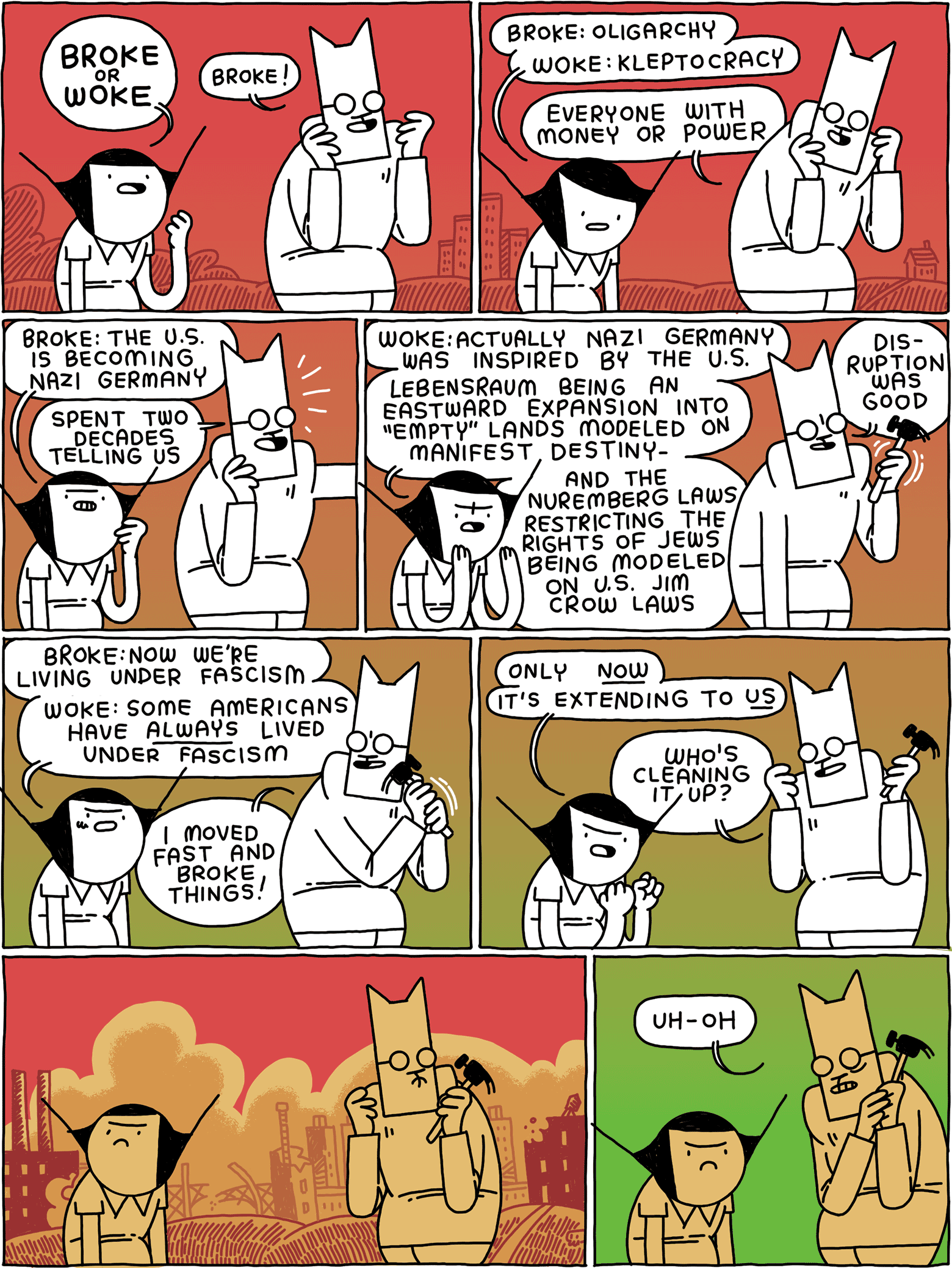 Girl: BROKE or WOKE Cat: Broke! / Girl: Broke: oligarchy - woke: kleptocracy Cat: Everyone with money or power / Girl: Broke: the US is becoming Nazi Germany Cat: Spent two decades telling us / Girl: Woke: actually Nazi Germany was inspired by the US - lebensraum being an eastward expansion into “empty” lands modeled on Manifest Destiny - and the Nuremberg Laws restricting the rights of Jews being modeled on US Jim Crow Laws Cat (waves a hammer): Disruption was good / Girl: Broke: Now we’re living under fascism - Woke: some Americans have ALWAYS lived under fascism Cat: I moved fast and broke things! / Girl: Only NOW - it’s extending to US Cat: Who’s cleaning it up? / (The landscape around them is bombed out, dusty and broken) / Cat: Uh-oh