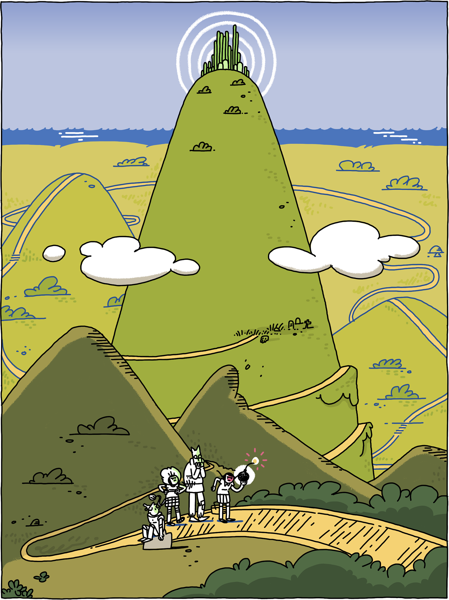 Girl holds a bomb. The yellow brick road winds all around them. The Emerald City is in the distance, impossible to reach.